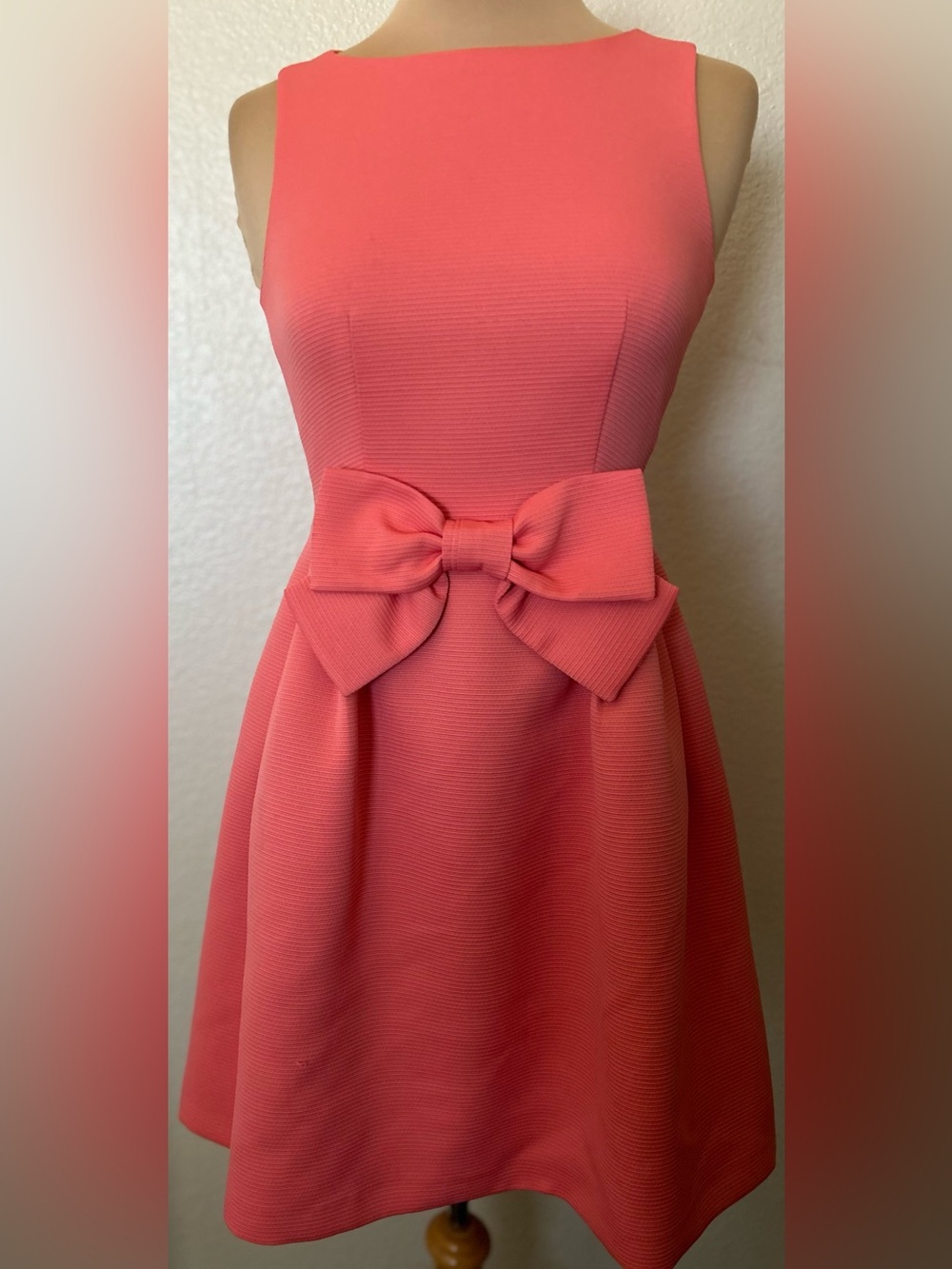 Tahari ASL Coral Bow Waist Fit-and-Flare Mini Dress